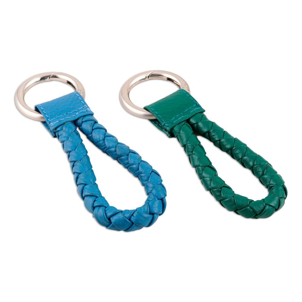 3841 Artisan Handmade Leather Key Fobs Braided Blue Green India Accessories